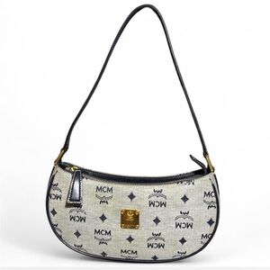 MCM Monogrammed Gray and Navy Blue Shoulder Bag
